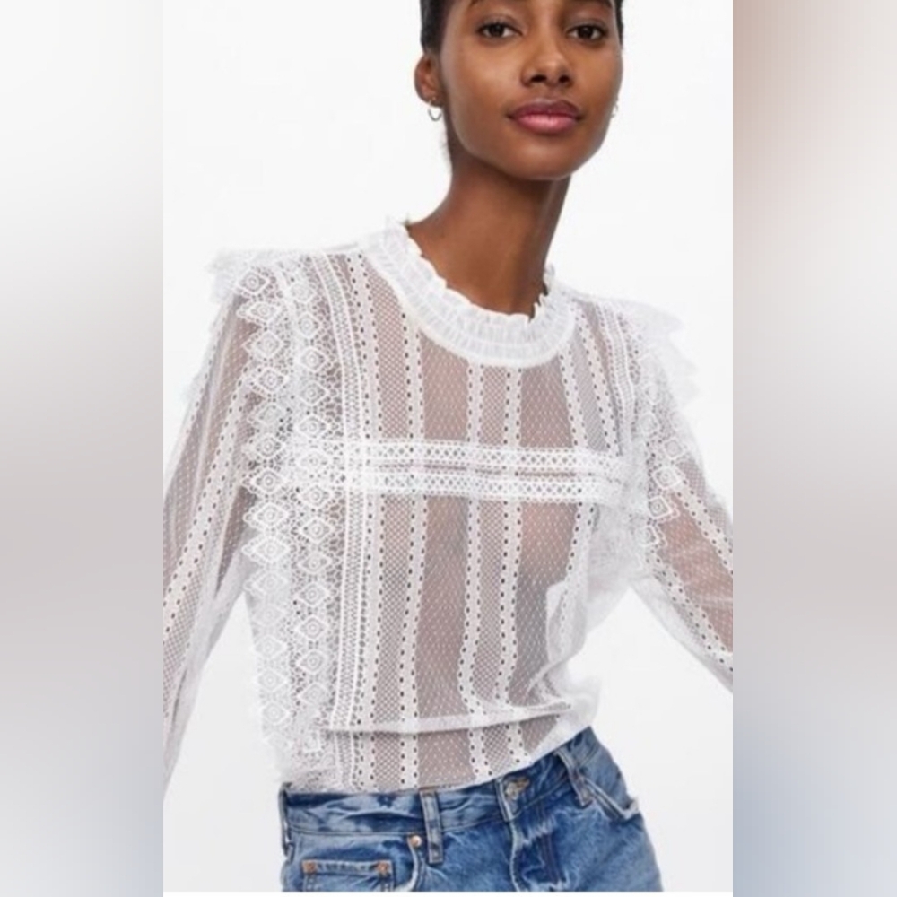 Zara White Semi Sheer Guipiure Blouse